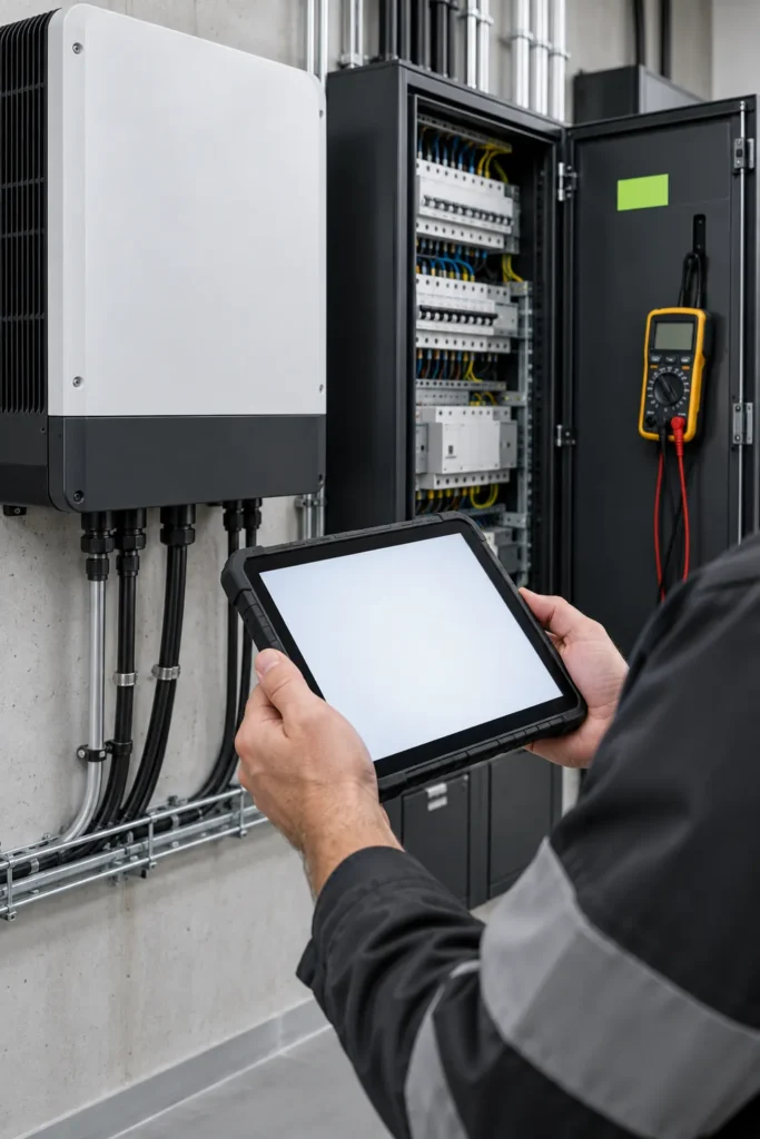 Elektrik panosunda tablet ve ölçüm cihazıyla keşif yapan teknisyen (temsili görsel)