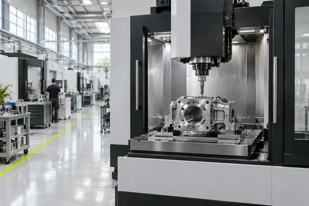 Aydınlık bir fabrikada CNC işleme merkezinde metal parça üretimi (temsili görsel)