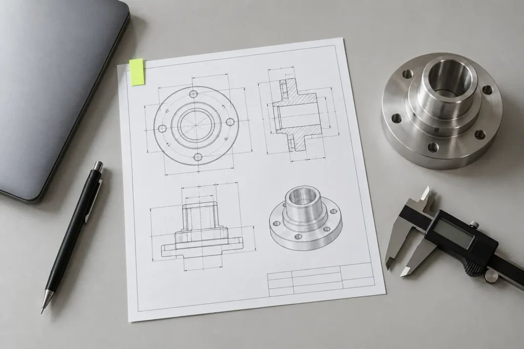 Teknik çizim, kumpas ve işlenmiş metal flanş parçaları (temsili görsel)